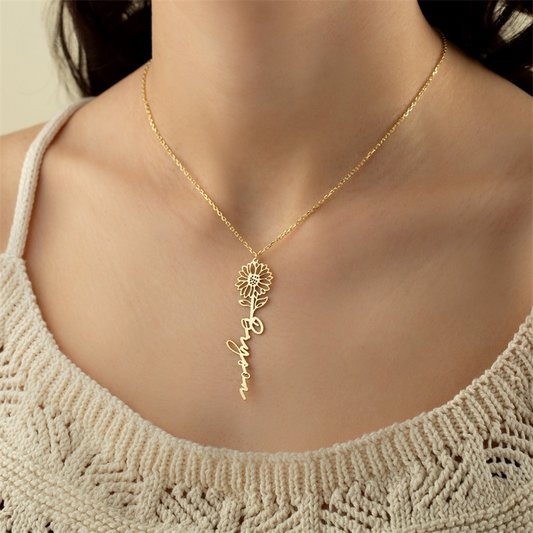 Birth Flower Name Necklace on model.