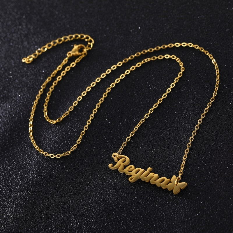 Nameplate Necklace with Butterfly accent full view of necklace with extender