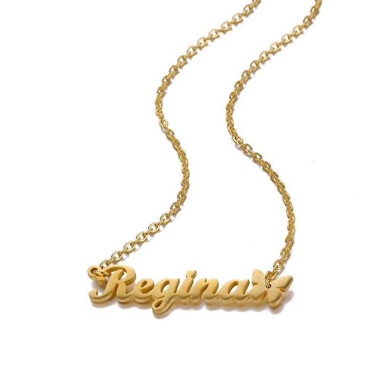 Nameplate Necklace with Butterfly accent on white background