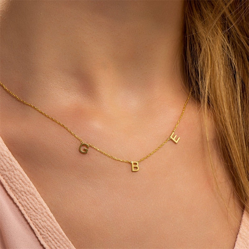 Charm Letter Name Necklace with initials only on model's neck
