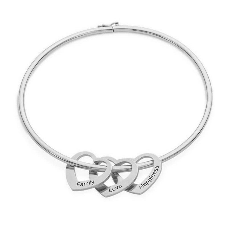 Custom Name Heart Charms Bangle Bracelet in Silver