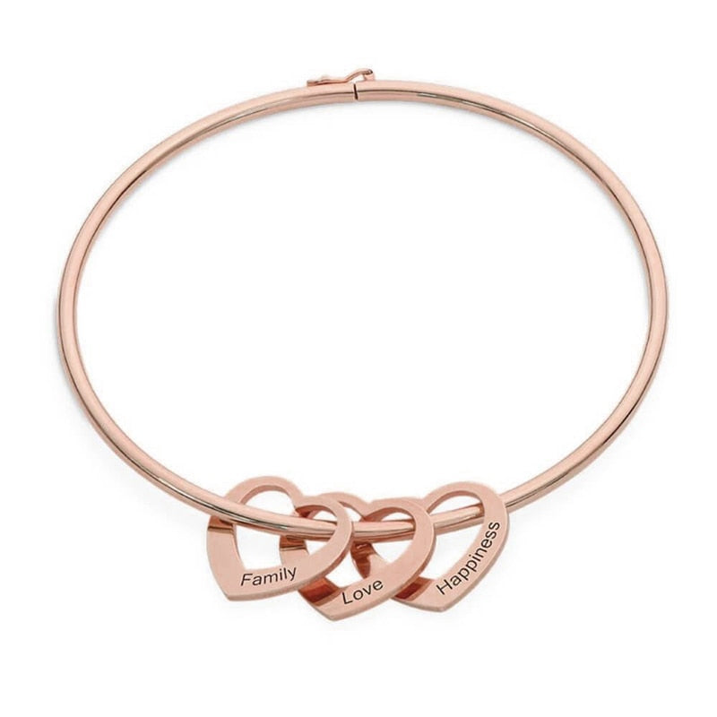 Custom Name Heart Charms Bangle Bracelet in Rose Gold