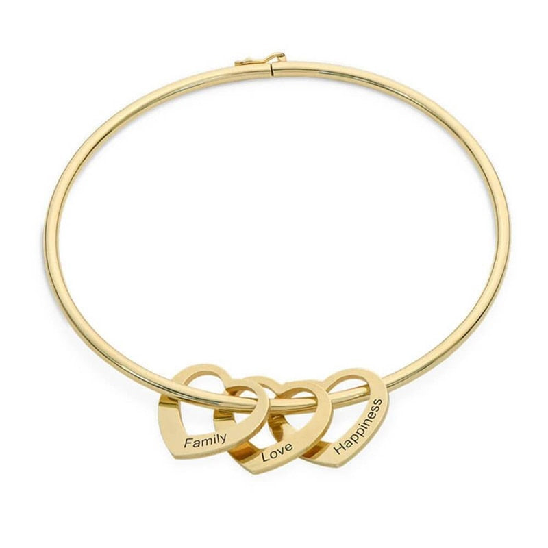 Custom Name Heart Charms Bangle Bracelet in Gold