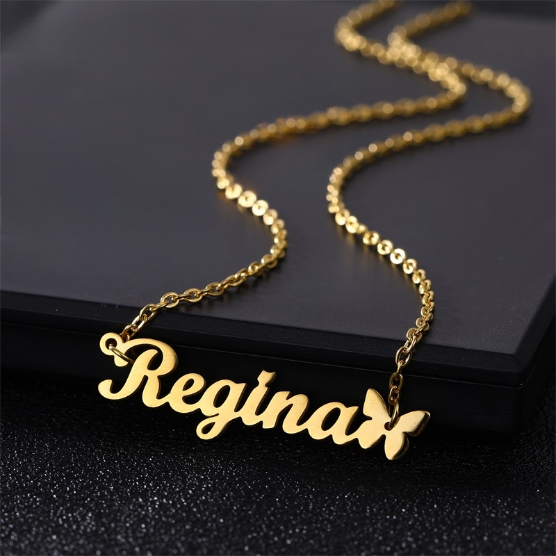 Butterfly Nameplate Necklace full close-up detail in gold