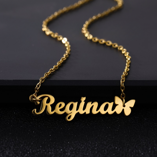 Butterfly Nameplate Necklace close-up in gold