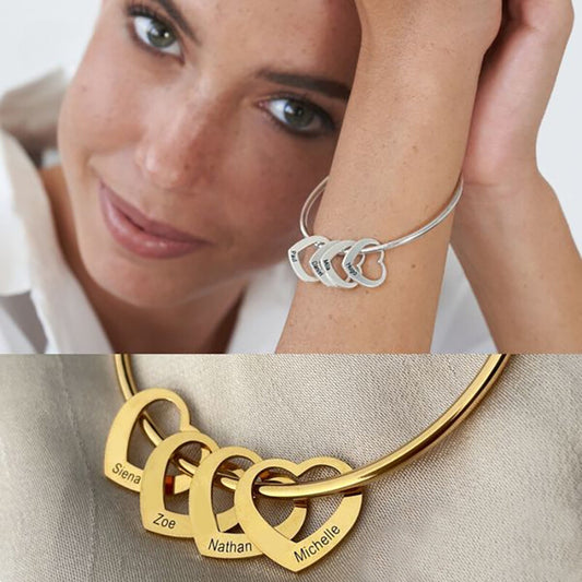 Custom Name Heart Charms Bangle Bracelet on model's wrist in silver and close-up in gold